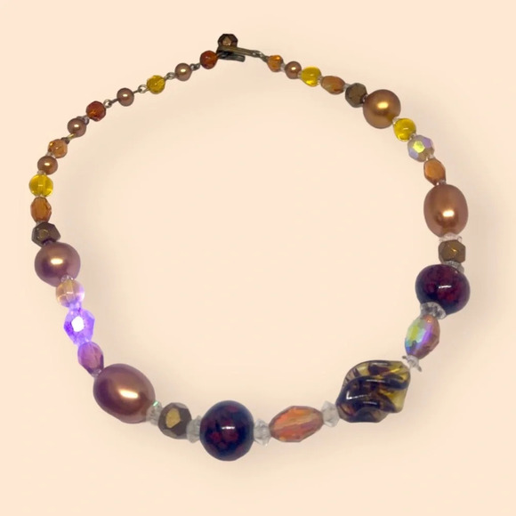 Vintage Jewelry - Vintage Bead Beaded Pearl Crystal Glass Necklace 15”